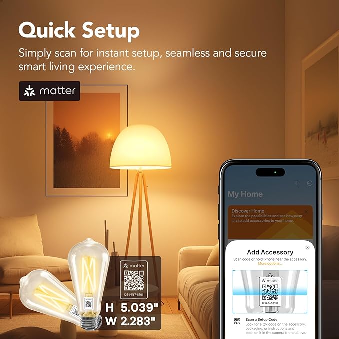 OREiN Matter Smart Light Bulb, ST19(58) Smart Edison Bulbs with Remote Control Work with Apple Home, Alexa, Google Home, SmartThings, 800lm 2700K-6500K Smart Filament Bulb E26 Base 6Pack