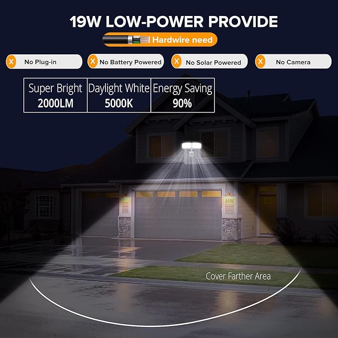 UME 2 Pack 19W LED Flood Light Motion Sensor Outdoor, 2 Adjustable Head, 2000LM, 5000K, IP65 Waterproof, Dusk to Dawn Security Light with Photocell for Exterior,Outside,Garage,House(White)