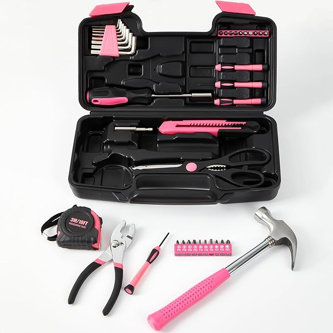 39 Piece Tool Set General Household Hand Kit With Storage Case Basics Tools for Home, Garage, Office and College Dormitory Use (Pink)