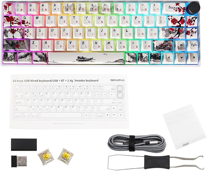 MOLGRIA GK68 68-Key RGB Backlit Gaming Keyboard with Plum Blossom Keycaps, Hot Swappable Yellow Mechinery Switches, Wired and Wireless with Knob Mechanical Keyboard for Win/Mac OS