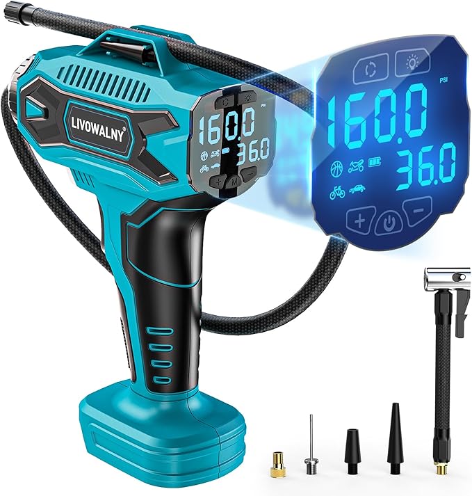 Tire Inflator Air Compressor Compatible with Makita 18V Battery, LIVOWALNY 160PSI Cordless Portable Electric Air Pump with Digital Pressure Gauge for Car Motorcycles Bike Sport Ball Auto(no battery)