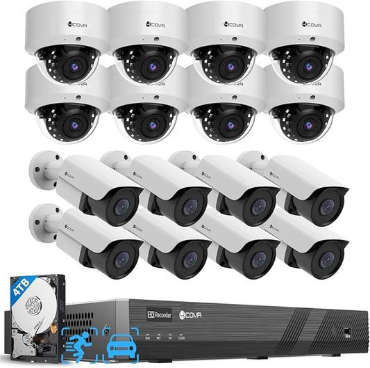 4COVR PoE 16 Camera Security System for Business, AI Human Vehicle Detection, 8 Dome IK10 Vandal-Proof 8 Bullet 5MP Wired IP Camera IP67, Remote Access, 16 Channel 4K NVR with 4TB HDD, LYH54A5M1616