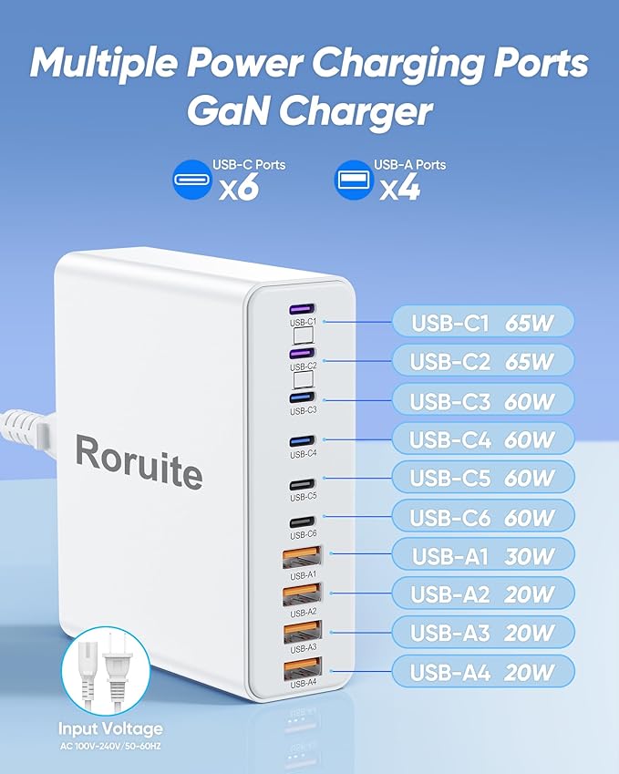 460W USB C Charger Block, 10-Port USB Charging Station GaN III PD Charger Type C & USB A, Dual 65W PC Laptop Fast Adapter for MacBook Pro/Air, iPhone, iPad, DELL, Samsung Galaxy, Android - White