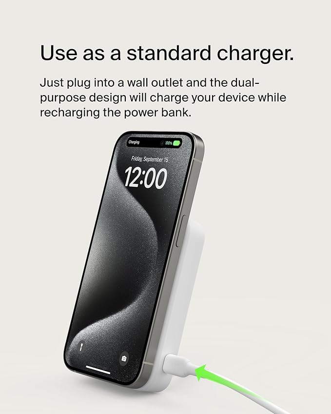 Belkin Portable Charger, Power Bank 10000 mAh w/ Qi2, iPhone Charger - MagSafe Charger w/Built-in Pop-up Kickstand for iPhone 16, 15, 14, 13, Plus, Pro, Pro Max, Google Pixel 10, etc. - White
