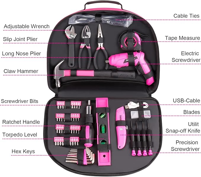 THINKWORK 122-Piece Pink Tool Set with 3.6V Rotatable Electric Screwdriver, Home Tool Kit for Women with Easy Carrying Round Pouch, Ladies Pink Tool Kit for Home Maintenance, DIY, Gifts