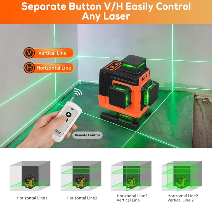Takamine 16 Lines Laser Level Self Leveling 4x360° 4D Green Cross Line for Construction/Picture Hanging, Remote Controller, Rechargeable Li-ion battery, Magnetic Stand and portable bag