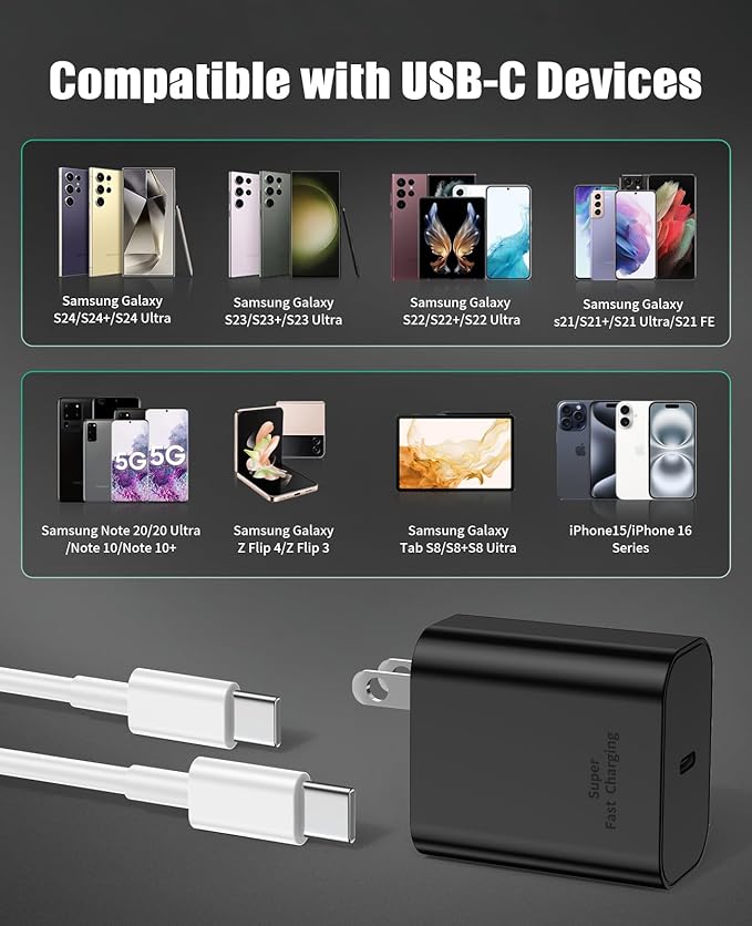 45W Super Fast Charger Type C for Samsung S24, USB C Android Phone Charger Fast Charging Block with 6FT/10FT Type C Charger Cord for Samsung Galaxy S24+ Ultra/S23+ Ultra/S22+ Ultra/iPhone 17/16-White
