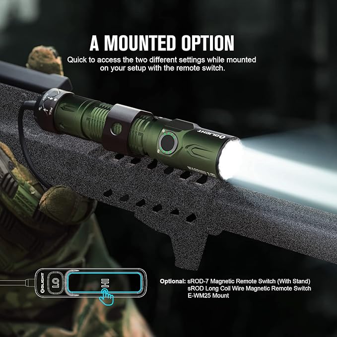 OLIGHT Warrior 3S 2300 Lumens Rechargeable Tactical Flashlight, Compact Dual-Switches LED Bright Light with Proximity Sensor, Powered by Customized Battery for Emergency, and Searching (OD Green)