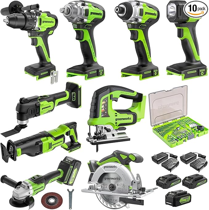 Greenworks 24V 10pcs Combo Kit,(2) Batteries & (2) Chargers. 800in/lb Drill&Impact Driver with Bits,Wrench, Multi-tool, Reciprocating Saw&Jigsaw, Circular saw, Angle Grinder and Flashlight