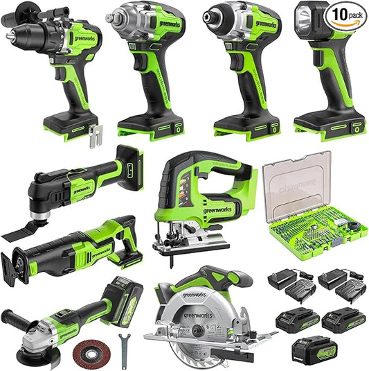 Greenworks 24V 10pcs Combo Kit,(2) Batteries & (2) Chargers. 800in/lb Drill&Impact Driver with Bits,Wrench, Multi-tool, Reciprocating Saw&Jigsaw, Circular saw, Angle Grinder and Flashlight