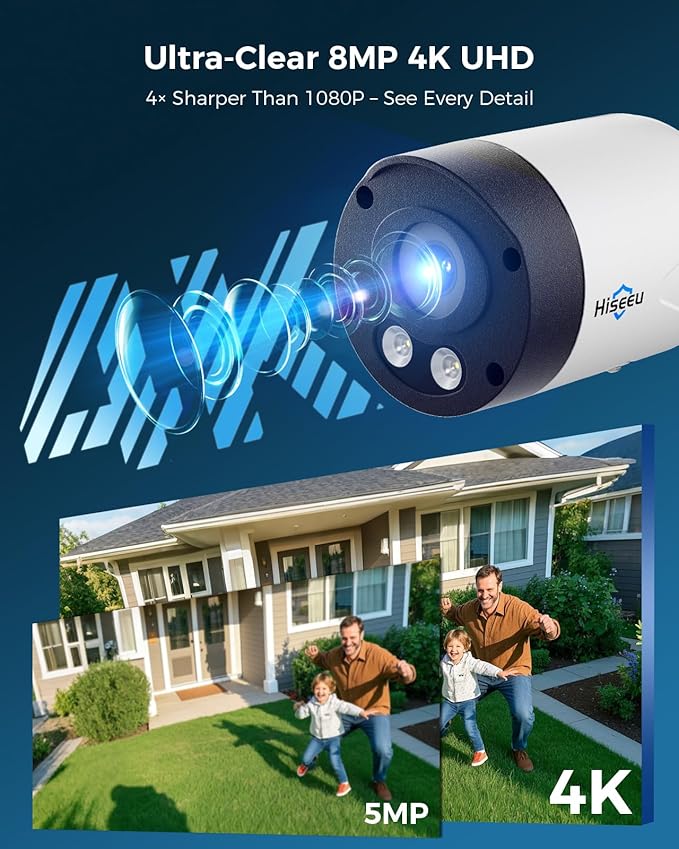 Hiseeu 8MP Outdoor Wireless Security Camera System, 10" Touch Screen NVR, 5G/2.4G WiFi-Pro 4K Cameras Kits, Full-Color Night Vision, Motion Detection, Two-Way Audio, IP66 Waterproof, 1TB HDD, No Fees