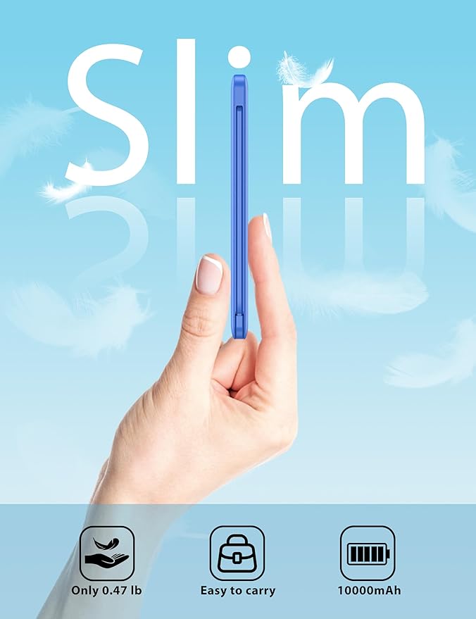 miisso 10000mAh Slim Portable Charger with Built in Cable, Power Bank Travel Charger External Battery Pack for Phone, 4 Output USB Type C Cord Clutch Charger Compatible with iPhone, Deep Blue