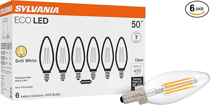 SYLVANIA ECO LED B10 Light Bulb, 50W = 3.5W, 7 Year, 450 Lumens, Non-Dimmable, Clear, 2700K, Soft White - 6 Pack (40879)
