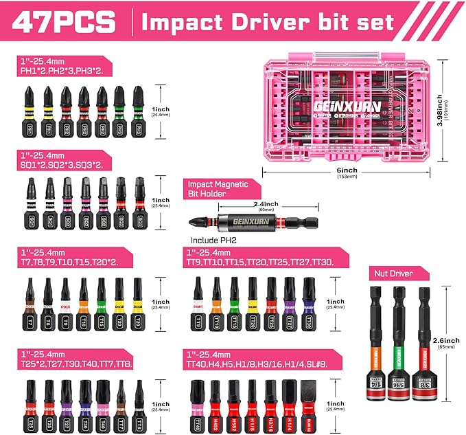 47Pieces Impact Screwdriver Bits Set, Magnetic S2 Steel 1” Phillips/Square/Torx/Slotted/Hex/Security Torx Bits Tips,Impact Bit Holder with Pink Storage Box Case