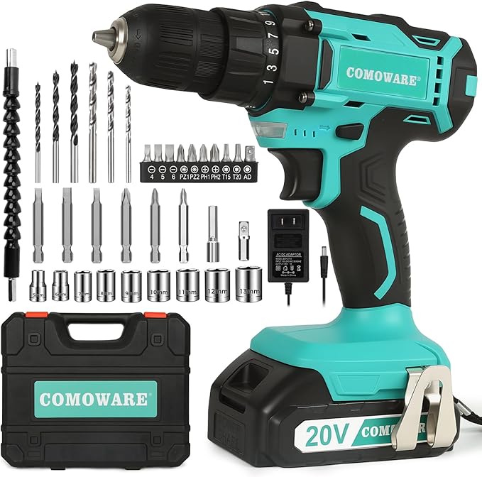 COMOWARE 20V Cordless Drill, Electric Power Drill Set with 1 Battery & Charger, 3/8” Keyless Chuck, 2 Variable Speed, 266 In-lb Torque, 25+1 Position and 34pcs Drill/Driver Bits