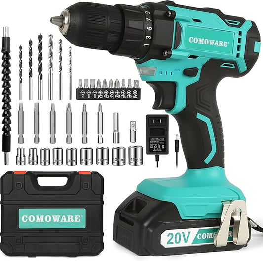 COMOWARE 20V Cordless Drill, Electric Power Drill Set with 1 Battery & Charger, 3/8” Keyless Chuck, 2 Variable Speed, 266 In-lb Torque, 25+1 Position and 34pcs Drill/Driver Bits