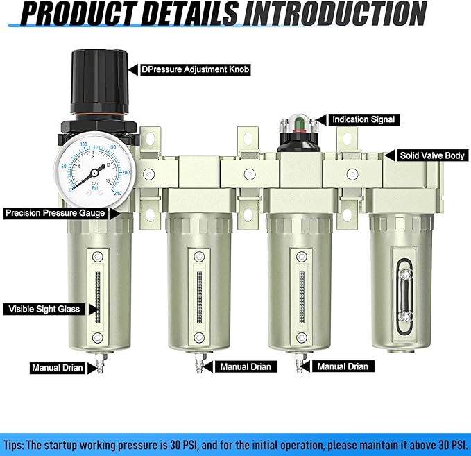 4 Stage Air Drying System 3/4" NPT Heavy Duty Industrial Grade,Coalescing Filter,Double Particulate Filter,Desiccant Dryer and Air Regulator For Plasma Cutter and Paint Spray, Manual Drain