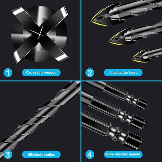 5 Pcs 1/2" Masonry Concrete Drill Bit Set for Tile Brick Glass Plastic Wood, Cross Tungsten Carbide Tip, Hex Shank, Work with Ceramic Porcelain Tile Wall Mirror Paver, 1/2 Inch Drill Bits, 12mm