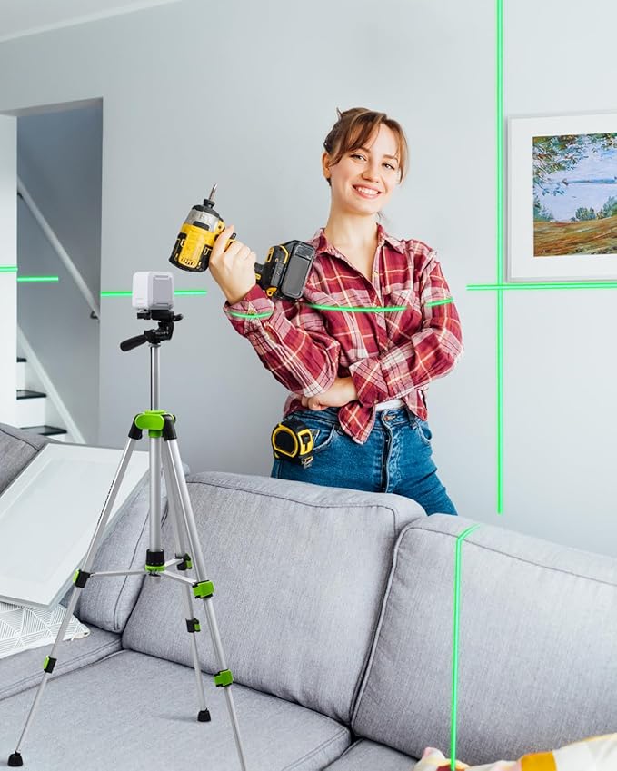 Laser Level with 50" Tripod, Firecore Self Leveling Cross Line Laser Level, Green Lazer Leveler Tool for Hanging Pictures Shelves DIY Projects, Battery and Carry Pouch Included