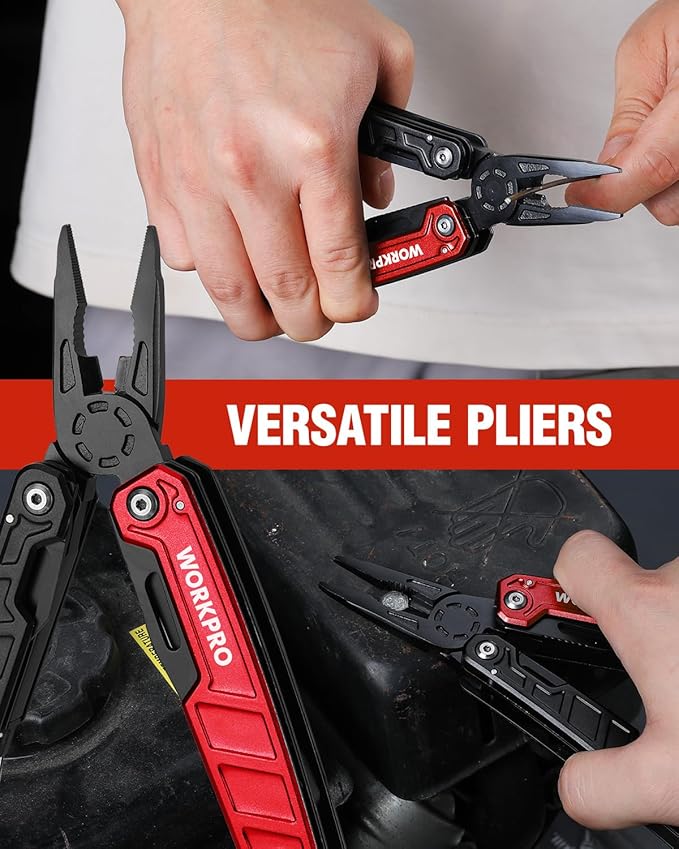 WORKPRO Multitool-11 in 1 Multitool Pliers with Pocket Clip and Sheath-EDC Multi Tool Knives with Safety Lock-Camping Tools Pocket Knife with Screwdriver Saw Blade Wire Cutter and Bottle Opener-Red