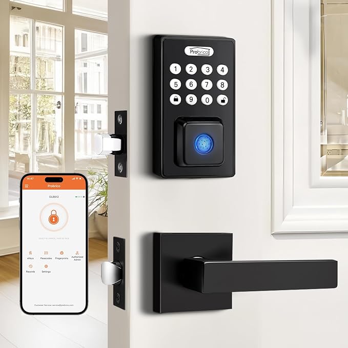 Probrico Smart Door Lock, Keyless Entry with Handle, Black, Biometric, Keypad, Key, App Control, Auto Lock, Contemporary Style