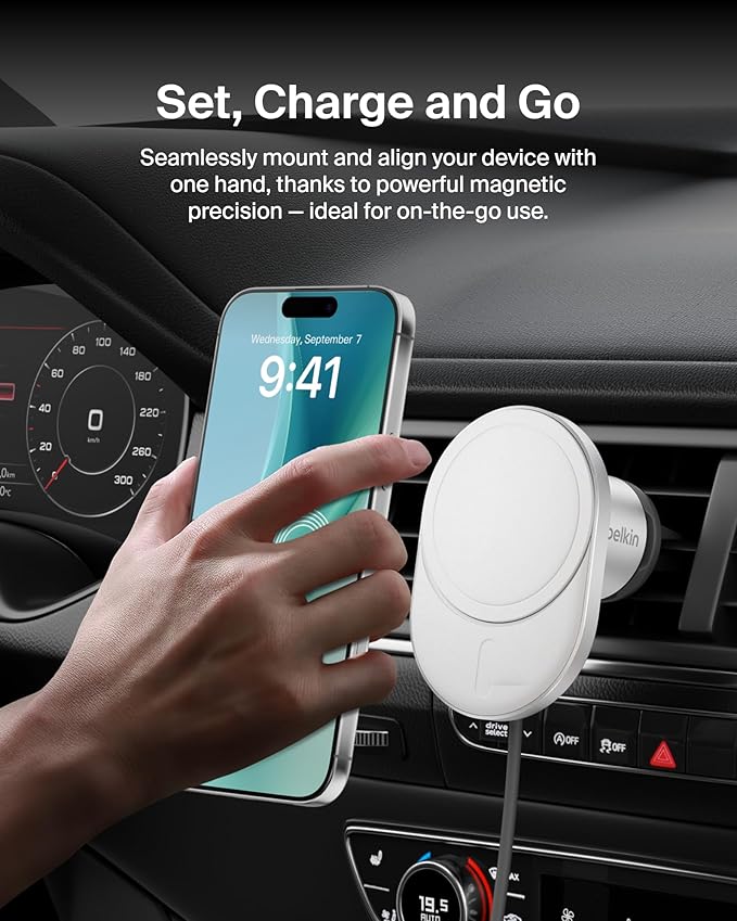 Belkin Wireless Car Charger 15W - MagSafe-Compatible Magnetic Charger - Qi2-Certified Wireless Charger, Magnetic Car Vent Phone Mount for iPhone 16, 15, 14, 13, 12, & Samsung Galaxy S25 Series - Gray