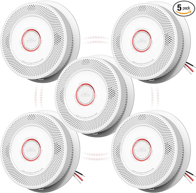 Ecoey Hardwired Smoke and Carbon Monoxide Detector, Hardwired Interconnected Fire Alarms Carbon Monoxide Alarms with Replaceable AA Battery Backup, 2-in-1 Smoke and CO Detector, A8612B-6AR, 5 Packs