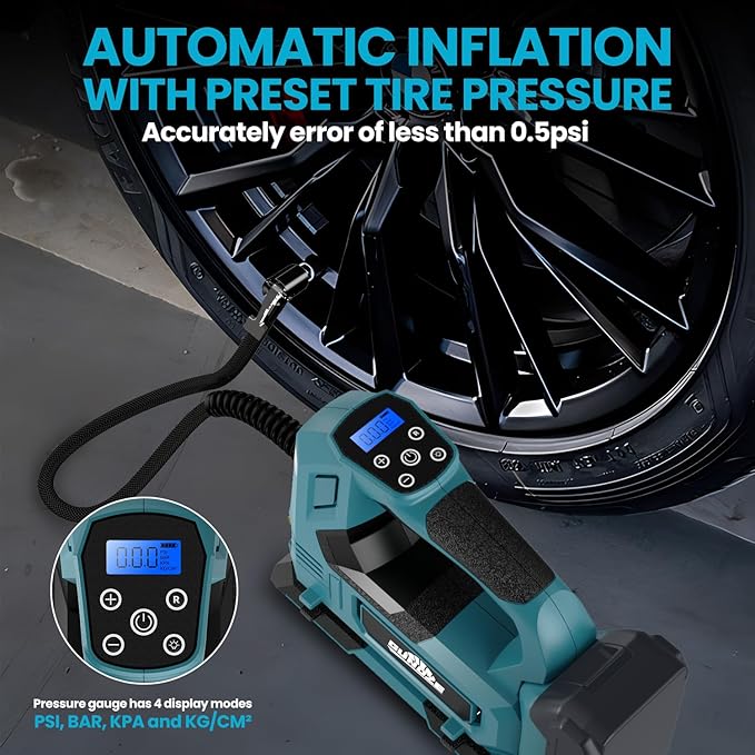 Cordless Tire Inflator Air Compressor for Makita 18V Battery, 150PSI Portable LED Light Handheld Air Pump with Digital Pressure Gauge for Cars Motorcycles Bikes Sport Balls(Battery Not Included)