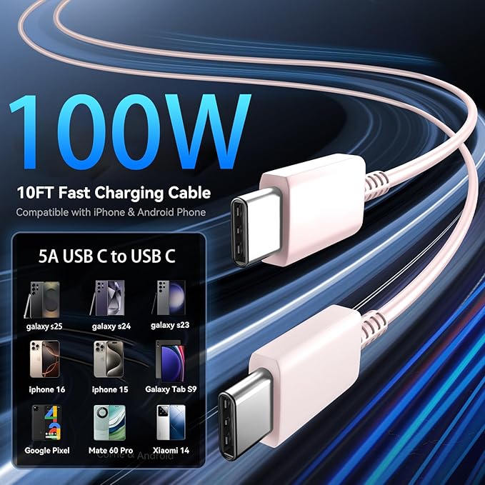 45W USB-C Super Fast Charger, 2-Port 45 Watt Type C Charger Fast Charging Block with 10FT USB C Cable Cord for Samsung Galaxy S25 Ultra/S25+/S25/S24/S23 Ultra/S23+/S22 Ultra/S22+/S20 Ultra-Pink