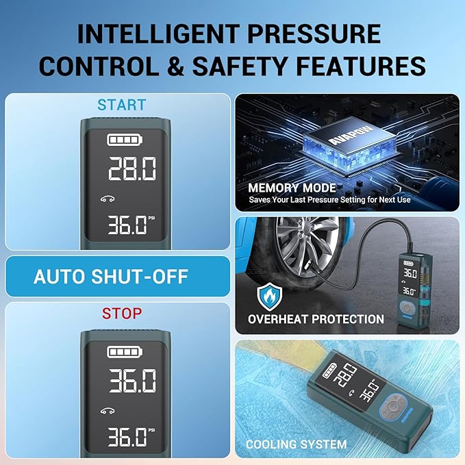AVAPOW AP18 Tire Inflator Portable Air Compressor, 300% Faster 150 PSI Cordless Air Pump with Tire Pressure Gauge, 3.7″ Dual LCD Screen, Auto-Shuts Off Tire Pump for Car, Motorcycle, Bicycle, Cyan