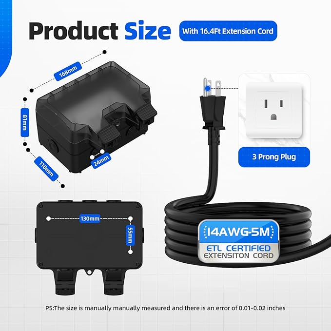 Outdoor Outlet Box with 16.4Ft Extension Cord, NEMA 5-15R, STW 14 AWG, IP66 Waterproof Power Outlet Extender with On/Off Switch & LED Indicator for Garden Yards& Outdoor Activity