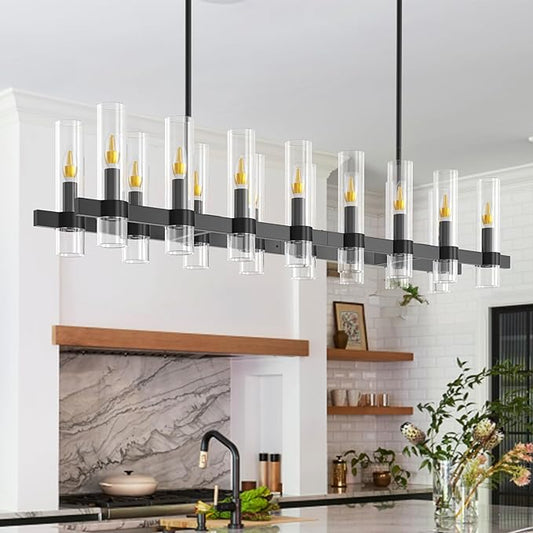 Modern Black Island Rectangle Chandelier with Clear Glass,63” Adjustable Height Modern Linear Light Fixture 16 Light Dining Room Chandelier Over Table for Dining Room Kithen Island