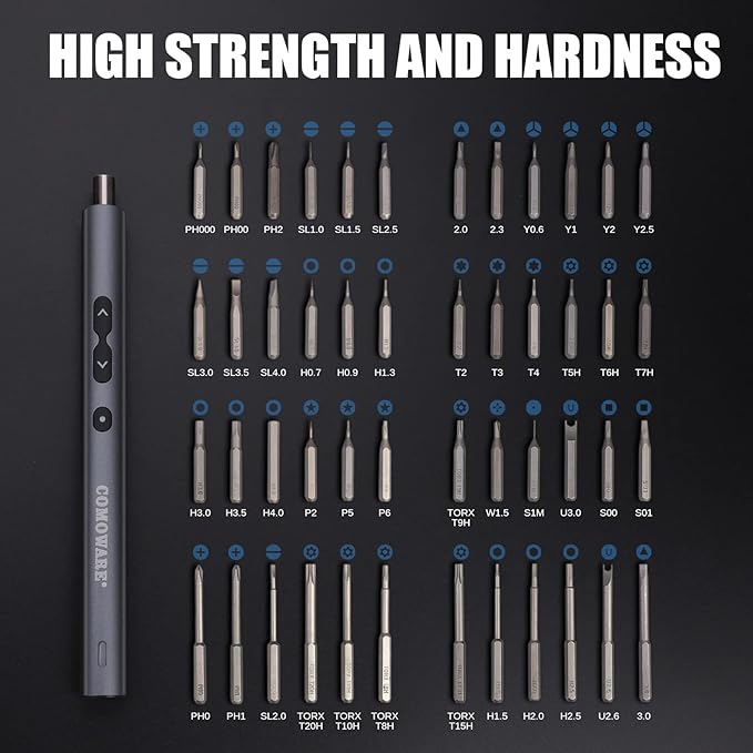 COMOWARE Mini Electric Screwdriver-50 in 1 Precision Small Electric Screwdriver Set for PC Building with LED Light & 48 bits, Magnetizer, Magnetic Mat, Handy Repair Tool for Phone Watch Camera