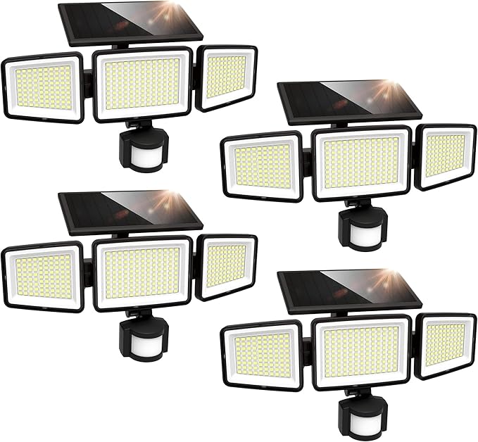 UME Solar Outdoor Lights 302 LED 3000LM, IP65 Waterproof Motion Sensor Outdoor Lights, 3 Heads Solar Security Flood Lights 270 Wide Lighting Angle with 3 Modes for Garden Patio Yard - 4 Pack