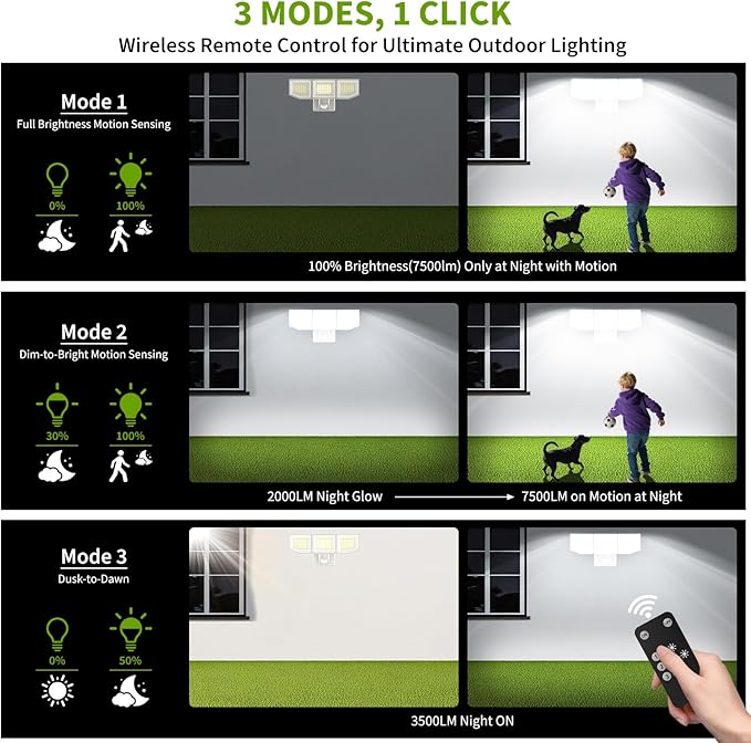 38W LED Security Lights Outdoor with Remote Control, 7500LM Motion Sensor Floodlight, 3 Modes, 6500K, IP65 Waterproof, Dusk to Dawn 3-Head Fixture for Garage, Yard, Porch (White)