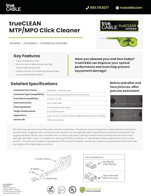 TRUE CABLE Fiber Optic Pen Click Cleaner, Dual Position, MTP/MPO, 500+ Cleans, PC/UPC/APC Connector Ferrules, 8/12/24 Fiber Pinned/Unpinned (Male/Female), 1 pc