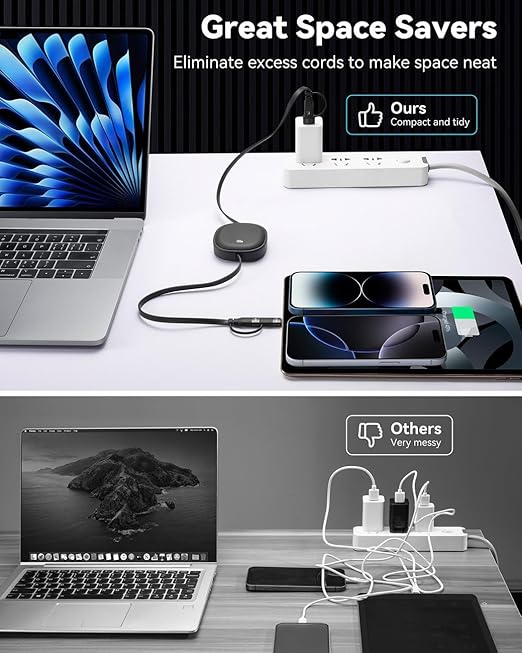 5 in1 Retractable USB Type C Cable 100W, 2Pack Multi Charging Cable 5A Fast Charging Cord USBC Cable with USB A+C to L/C Travel Essentials Charger for iPhone Series,Samsung Galaxy,MacBook,iPad(3.86ft)