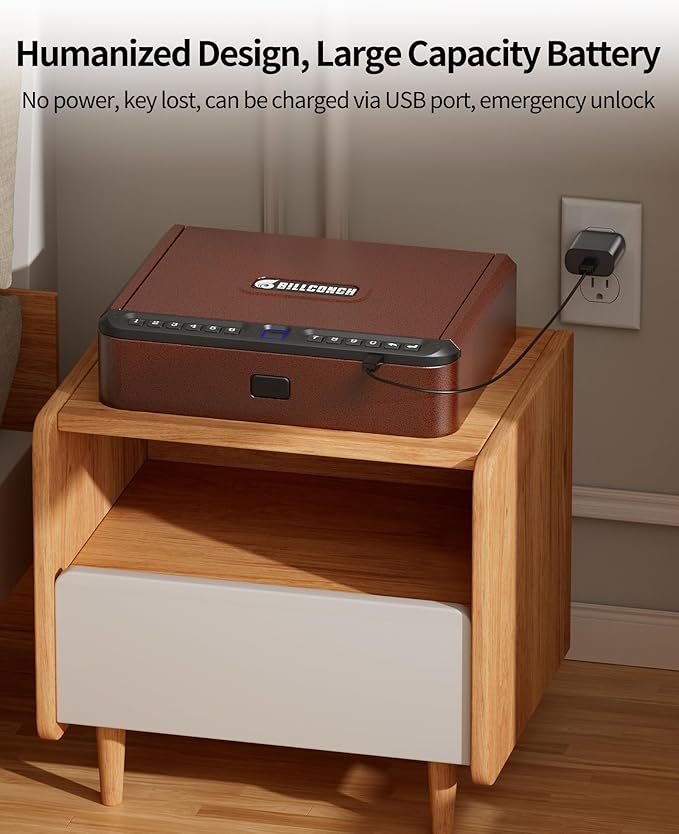 BILLCONCH Gun Safe for Handgun - Biometric Pistol Safe 4 Ways Quick Access with Fingerprint/Full-digital Keypad/Key/APP Lock and Security Cable for Nightstand Bedside Home - Antique Bronze