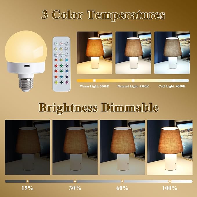 Rechargeable Battery Operated Light Bulb with Remote for Lamps, E26 Wireless USB Charging Magnetic LED Battery Powered Light Bulb, 380 LM Dimmable Puck Lights, 15 Colors, Timer, 2 Pack