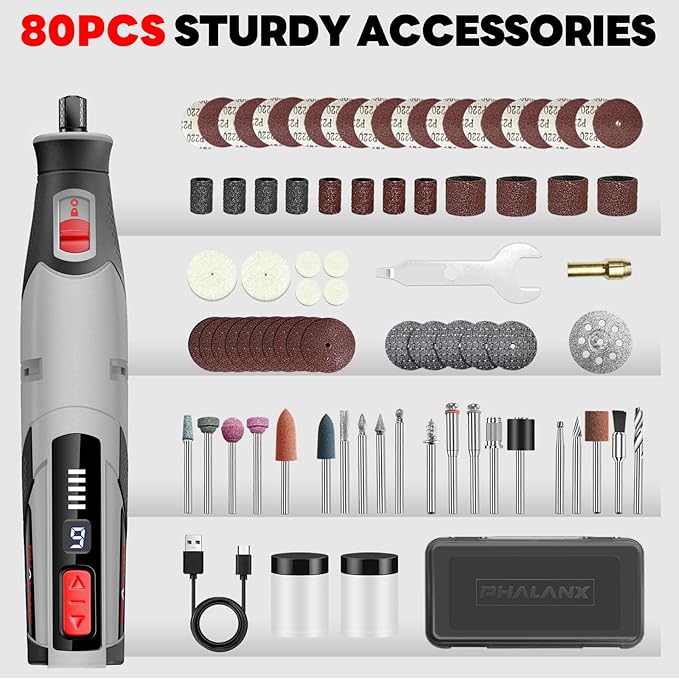 Rotary Tool - 4V Rotary Tool Cordless, PHALANX Rotary Tool Accessories 80 PCS 4000mAh Li-Ion Battery, Preset 9 Speed Adjustment Grinder Tool for Cutting Sanding Carving Polishing Engraver DIY Crafts