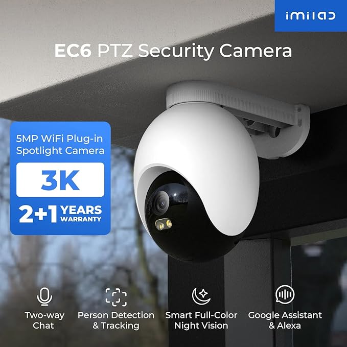 IMILAB EC6 3K Plug-in Security Camera Outdoor: Camera for Home Security w/Spotlight 360° Rotating Surveillance, Auto-Tracking Frontdoor/Backyard Cam, 2.4Ghz WiFi, 24/7 Recording, No Monthly Fee