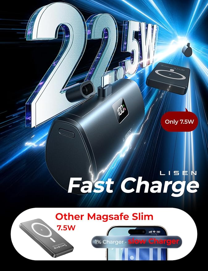 LISEN Mini Portable Charger 7000mAh Power Bank for iPhone 17 Pro Max Air 16 15, 22.5W PD Fast Charging Power Bank, Small Portable Charger USB C Samsung Google Pixel 9 iPad Pro/Air AirPods, Dark Grey