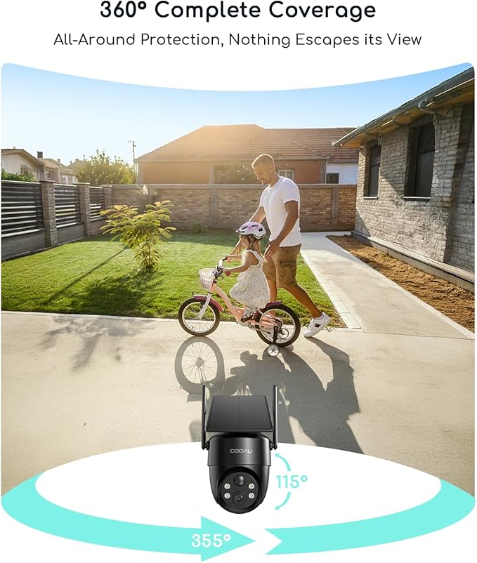 COOAU Solar Security Cameras Wireless Outdoor – Low-Light Rechargeable, Easy to Install, 2K 360° Camera for Home Security, Surveillance Cam with AI Smart Detection, Wi-Fi 6, Color Night Vision, IP66