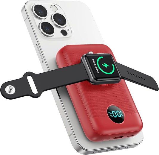 Magnetic Portable Charger 10800mAh,4-in-1 Wireless Power Bank with iWatch Charger, QC4.0+20W PD Fast Charging USB C Battery Pack with LCD Display for Magsafe,iPhone 16/15/14/13/12,Apple Watch, Red