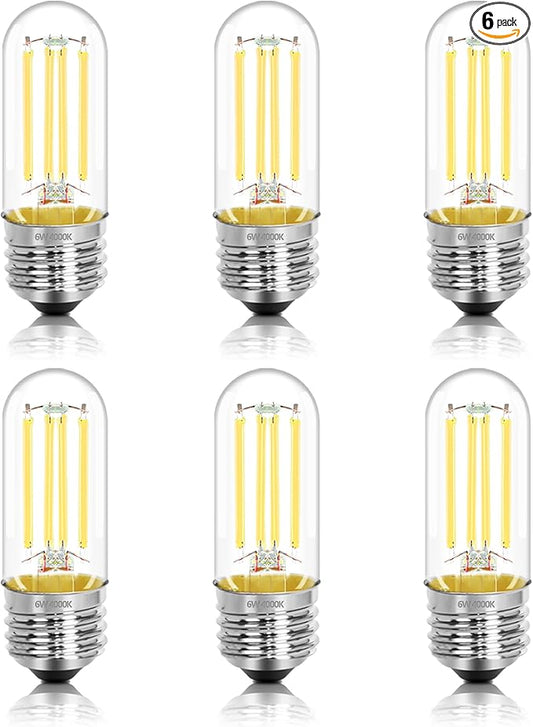 3.2 Inch 4000K Neutral White E26 LED Bulb 60 Watt Equal, AC 120V 600LM Edison Bulbs Dimmable, 6W T10 Tubular Filament Light Bulbs Clear Glass for Fan Pendant Wall Light, UL Listed-6 Pack