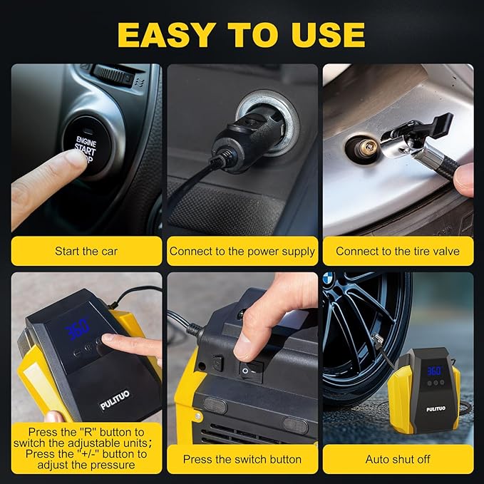 PULITUO Tire Inflator Portable Air Compressor - Car Accessories 12V DC Air Pump for Car Tires with Digital Pressure Gauge, Emergency LED Light for Wheel, Bike, Ball, Motor