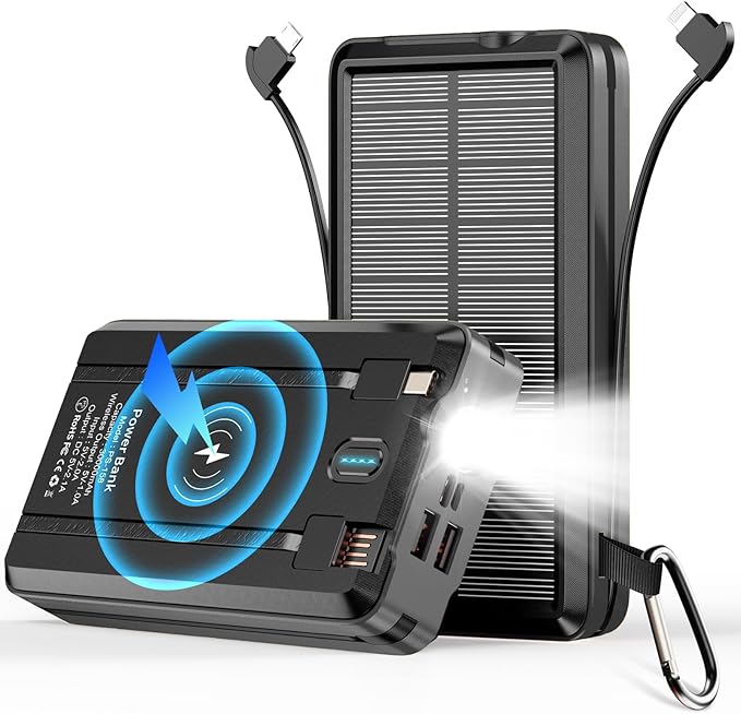 Solar Power Bank Portable Charger 52800mAh 5V/3A Fast Charging Battery Pack with Built in 4 Cables 2 Outputs & LED Flashlight for All Mobile Devices Camping Traver Outdoor