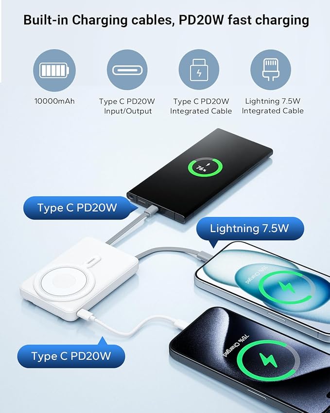 for Magsafe Power Bank 10000mAh, Magnetic Wireless Battery Pack with Stand and Cables, PD 20W Fast Charging Portable Charger for iPhone 16 Pro Max/15/14/13/12 Mini, Apple Watch