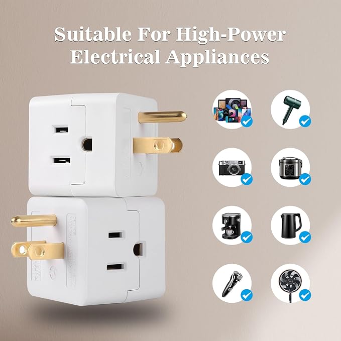3 Outlet Wall Adapter,Multi Plug Wall Outlet Extender,3 Prong Plug Adapter-Grounded Wall Tap Power Plug Expander,3 Outlet Power Outlet Extender,Multiple Outlet Splitter,White,2-Pack