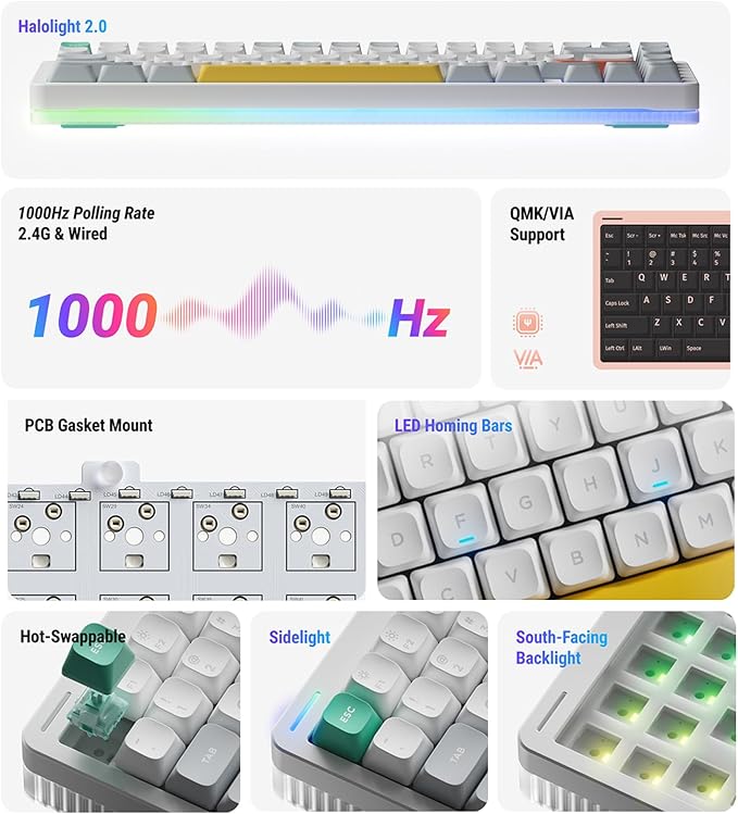 nuphy Halo75 V2 Mechancial Gaming Kyeboard,75% Wireless Hot Swappable Bluetooth Keyboard,83 Kyes RGB Backlit Keyboard,Support Bluetooth/2.4GHz/USB-C (White, Raspberry (46gf))